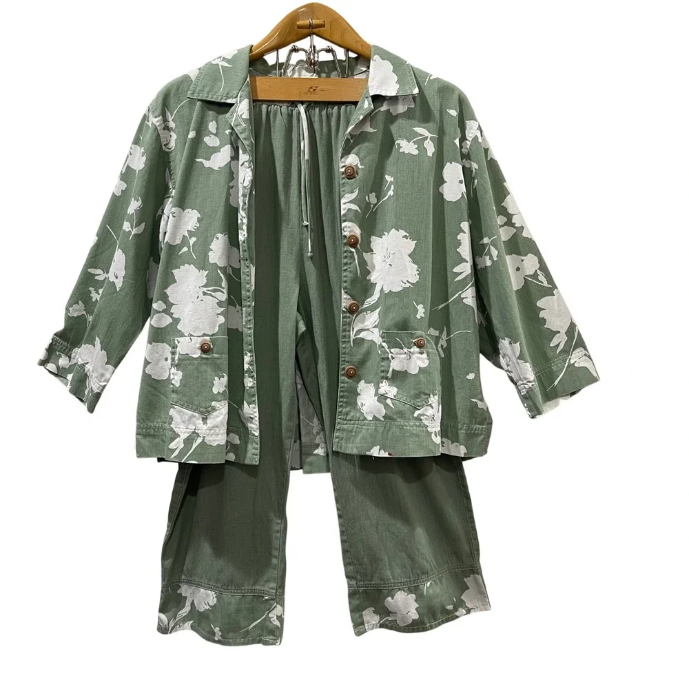Orvis Pant Set Women 14 Green Floral Cotton‎ Jacket Elastic Waist Botanical USA